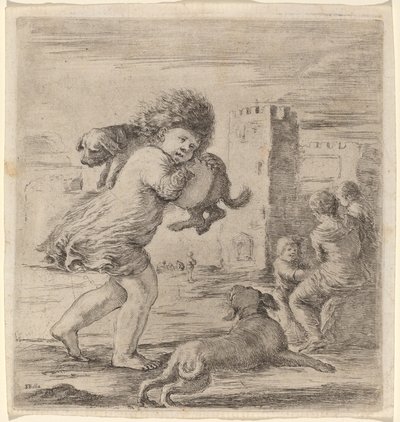 子犬を運ぶ子供 作： Stefano della Bella