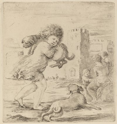 子犬を抱く子供 作： Stefano della Bella