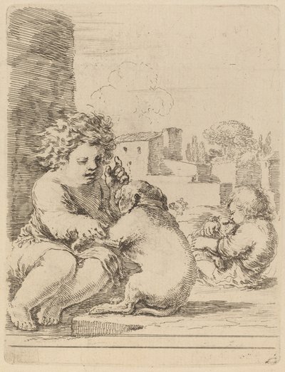 犬と遊ぶ子供。 作： Stefano della Bella