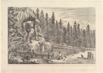 巨大なクロウチとして表現された、左のジャンボローニャのアッペニーノの巨大な像...、ca。 1653年。 作： Stefano della Bella