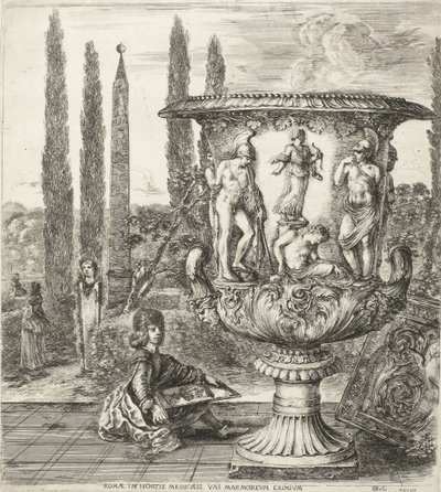 De jonge Cosimo III de Medici tekent de Medici-vaas ローマ、メディチ家の庭園、並外れた大理石 (オブジェクトのタイトル) Gezichten op Rome en omgeving (シリーズタイトル) Six grandes vues, dont quatre de Rome et deux de la Campagne romaine (シリーズタイトル) 作： Stefano della Bella
