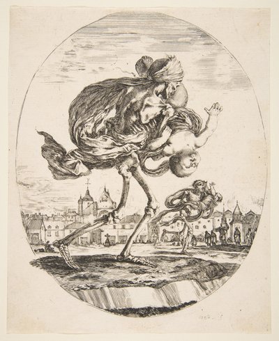 乳児を運ぶ死、5人の死Les cinq Morts、ca。 1648。 作： Stefano della Bella