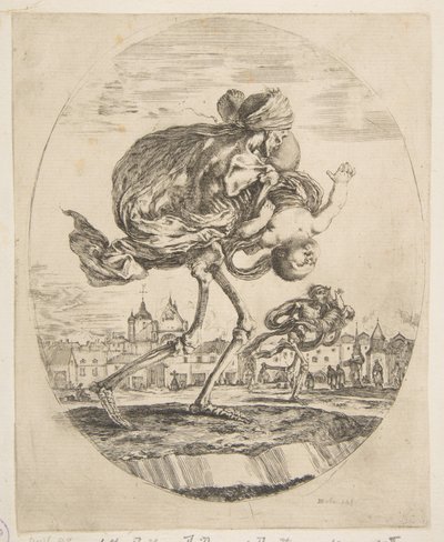 乳児を携えた死、5人の死Les cinq Morts、ca。 1648。 作： Stefano della Bella