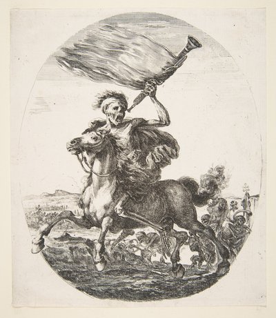 トランペットを持った馬に乗った死。5人の死。 1648。 作： Stefano della Bella