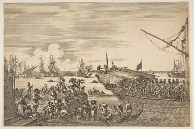 リボルノ港の眺めからの、リボルノ港のゲラ出発...、1654-55。 作： Stefano della Bella