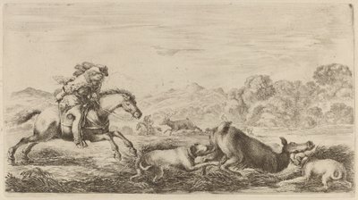 2 匹の犬に襲われた湿地のドウ。 作： Stefano della Bella