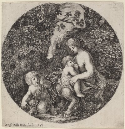 樹木が茂った風景の中で子供を看護する女性のサテュロス 作： Stefano della Bella