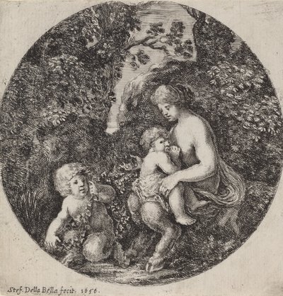 樹木が茂った風景の中で子供を看護する女性のサテュロス、1656年。 作： Stefano della Bella