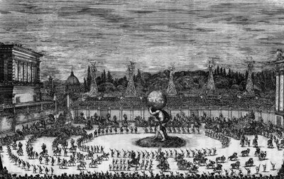 Il mondo feggiante "では、17世紀のフィレンツェの祭りを紹介しています。パラッツォ・デル・セレニスに併設されている劇場で行われたカバロのバレエ。グラン・ドゥーカは、最も穏やかな王子であるコジモ・テルツォ・ディ・トスカーナとマルゲリータ・ルイサ・ドルレアンのロイヤル・ウェディングのために。「ベースプレート 作： Stefano della Bella