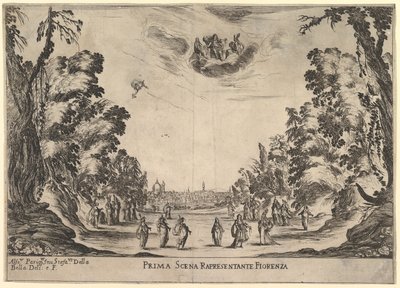 フィレンツェでの最初のシーン、1637年、神の結婚Le nozze degli Deiから。 作： Stefano della Bella