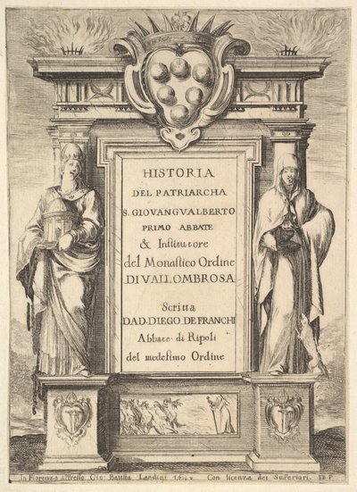 Frontispiece：メディチ家の紋章が中央に飾られた記念碑。炎が...、1640年。 作： Stefano della Bella