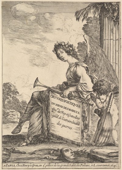 Desmarets Oeuvrespoétiquesde Desmaretsによる詩の口絵：翼のある女性の表現...、1641年 作： Stefano della Bella
