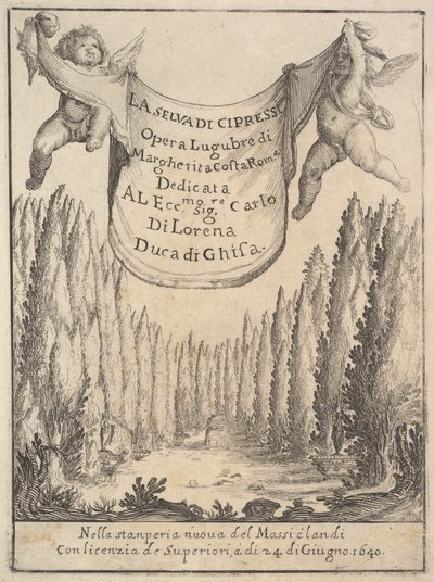 サイプレスフォレストのフロントピースLa selva di cipressi：2つのプッティがタペストリーを収める...、1640 作： Stefano della Bella