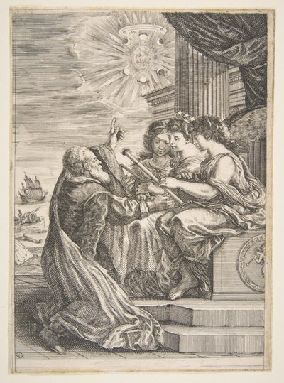 ガリレオと天文学、遠近法、数学の擬人化、「...」の口絵、1656年。 作： Stefano della Bella