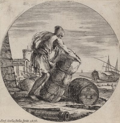 船の貨物を運搬するガレー船の奴隷、1656年。 作： Stefano della Bella