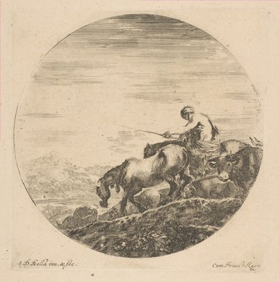 馬に乗って動物を駆り立てる牧夫、カリフォルニア州。 1646年。 作： Stefano della Bella