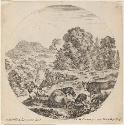 動物と 2 頭の羊飼いのいる風景、1646 年。 作： Stefano della Bella