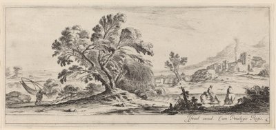 網を運ぶ漁師のいる風景、1647 年以前。 作： Stefano della Bella