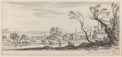 小川を渡る準備をしている農民のいる風景、1647 年以前。 作： Stefano della Bella