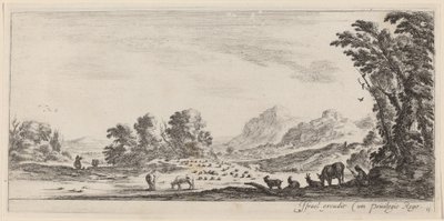 群れを守る羊飼いのいる風景、1647 年以前。 作： Stefano della Bella