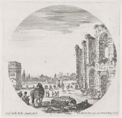 コロッセオとコンスタンティヌス帝の凱旋門のある風景 ローマの風景と遺跡（連載タイトル） Paysages et Ruines de Rome (シリーズタイトル) 作： Stefano della Bella