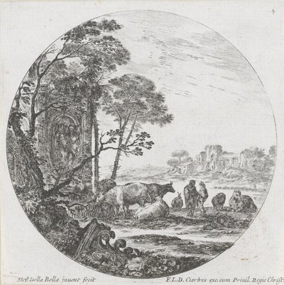 群れとコリント式首都のある風景 ローマの風景と遺跡（連載タイトル） Paysages et Ruines de Rome (シリーズタイトル) 作： Stefano della Bella