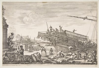 リヴォルノ港のビューからゲラに荷を積むビューデュポートドリヴォルヌ、1654-55。 作： Stefano della Bella