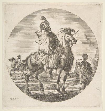 右を向いている横顔のムーア人の騎士、右に毛皮を持っている黒い奴隷、別の...、ca。 1651年。 作： Stefano della Bella