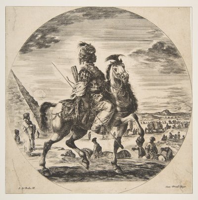 右を向いた横顔のムーア人の騎士、左がピラミッド型の背景、多くのフィ... 1651年。 作： Stefano della Bella
