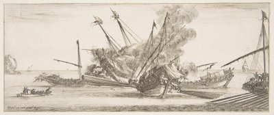 海戦、後ろから見た中央の船、4隻の敵船に発砲、別の...、約。 1641年。 作： Stefano della Bella