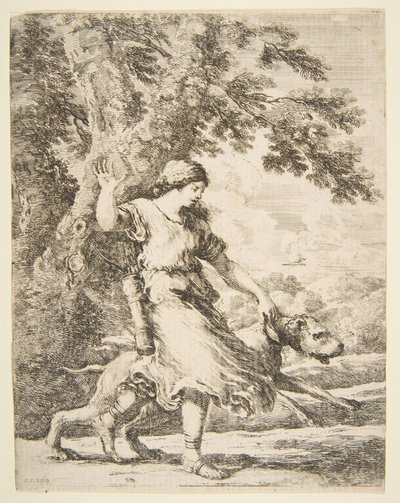 ニンフが大型犬の首輪を持っている図 1654年頃 作： Stefano della Bella