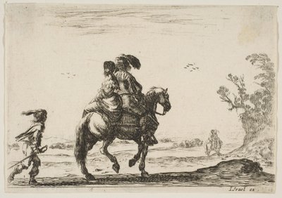 プレート10：後ろから見た、若い男性と一緒に右に乗る騎手と女性...、1642年 作： Stefano della Bella