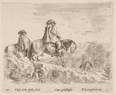 プレート10：左に山を下る2人の騎手、右に別の騎手...、およそ1644-47。 作： Stefano della Bella