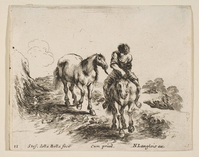 プレート11：正面から見た、別の馬を先頭にした、ダイバーからの若い騎士...、およそ。 1644-47。 作： Stefano della Bella