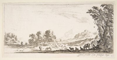 プレート11：木の下の右側に座って、左側に群れを見ている羊飼い... 1641年。 作： Stefano della Bella