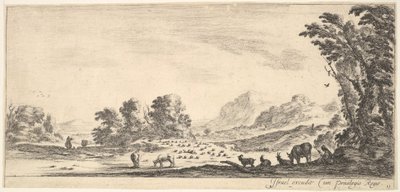プレート11：木の下の右側に座って、左側に群れを見ている羊飼い... 1641年。 作： Stefano della Bella