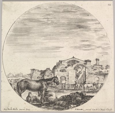 プレート12：地面で右に寝ている羊飼い、左に3頭の馬、他のh ...、ca。 1643-48。 作： Stefano della Bella