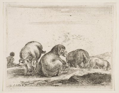プレート12：牧草地の羊と羊、さまざまな動物Diversi animali、ca。 1641年。 作： Stefano della Bella