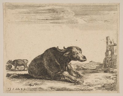 プレート13：さまざまな動物の横になっているバッファローDiversi animali、ca. 1641年。 作： Stefano della Bella
