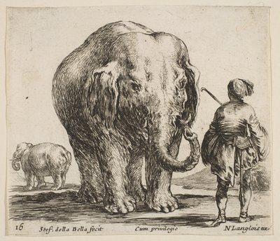 プレート16：中央の象、彼の象使いはオリエントを着て右に立っています...、ca。 1644-47。 作： Stefano della Bella
