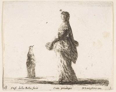 プレート18：羽をつけた扇子で左に向かって歩く貴婦人、別の女性...、およそ。 1644-47。 作： Stefano della Bella