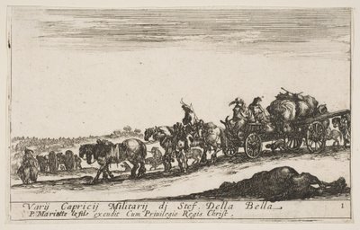 プレート1：人や物を運ぶ馬が引くカート、手前の死んだ馬、f ...、ca。 1641年。 作： Stefano della Bella