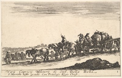 プレート1：人や物を運ぶ馬が引くカート、手前の死んだ馬、f ...、ca。 1641年。 作： Stefano della Bella