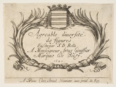 プレート1：タイトルと献辞を囲む2つの掌と紋章、「Vari...、1642年」のタイトルページ。 作： Stefano della Bella
