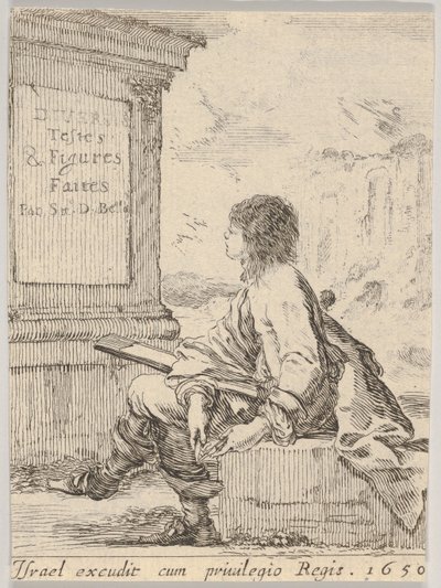 プレート1：石の上に座って、横向きで左を向いた、1650年に描画パッドを持っている若い男。 作： Stefano della Bella