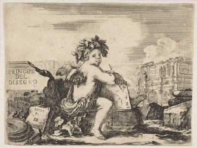 プレート1：絵の天才、翼のある子供、中央ターンの岩の上に座っている...、ca。 1641-43。 作： Stefano della Bella