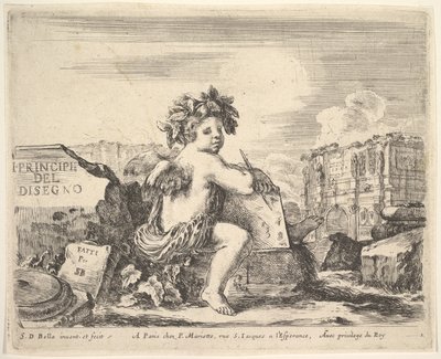 プレート1：描くという天才、翼のある子供、中央の岩の上に座って...、ca。 1641年。 作： Stefano della Bella