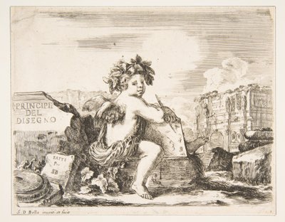 プレート1：絵の天才、翼のある子供、中央ターンの岩の上に座っている...、ca。 1641-43。 作： Stefano della Bella