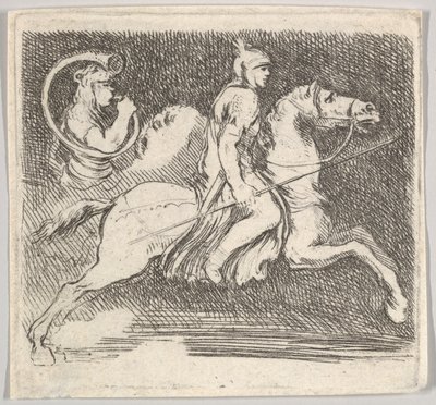プレート 20: 右腕に槍を持って右に疾走している横顔の兵士..., ca. 1646年。 作： Stefano della Bella