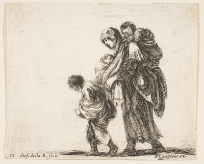 プレート22：3人の子供、肩に1人の子供、1人の子供がいる乞食女... 1644-47。 作： Stefano della Bella